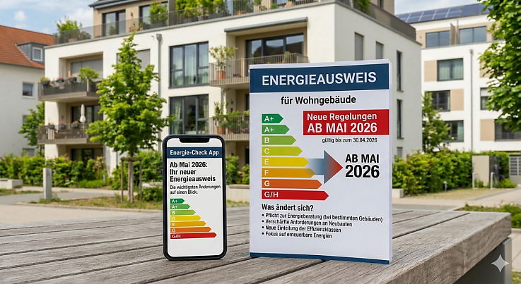 Infografik zum neuen Energieausweis ab Mai 2026 für Wohngebäude vor einem modernen Mehrfamilienhaus. Gezeigt wird die Effizienzskala von A+ bis H und ein Smartphone mit einer Energie-Check-App. Ideal für Eigentümer in Darmstadt Infografik zum neuen Energieausweis ab Mai 2026 für Wohngebäude vor einem modernen Mehrfamilienhaus. Gezeigt wird die Effizienzskala von A+ bis H und ein Smartphone mit einer Energie-Check-App. Ideal für Eigentümer in Darmstadt