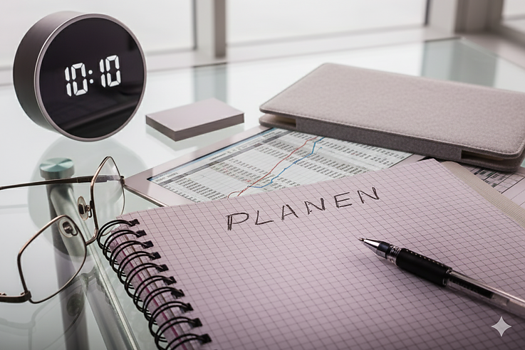 Schreibtisch mit einer runden digitalen Uhr, Brille und einem Notizblock mit der Aufschrift ‚PLANEN‘ auf Finanzgrafiken Schreibtisch mit einer runden digitalen Uhr, Brille und einem Notizblock mit der Aufschrift ‚PLANEN‘ auf Finanzgrafiken