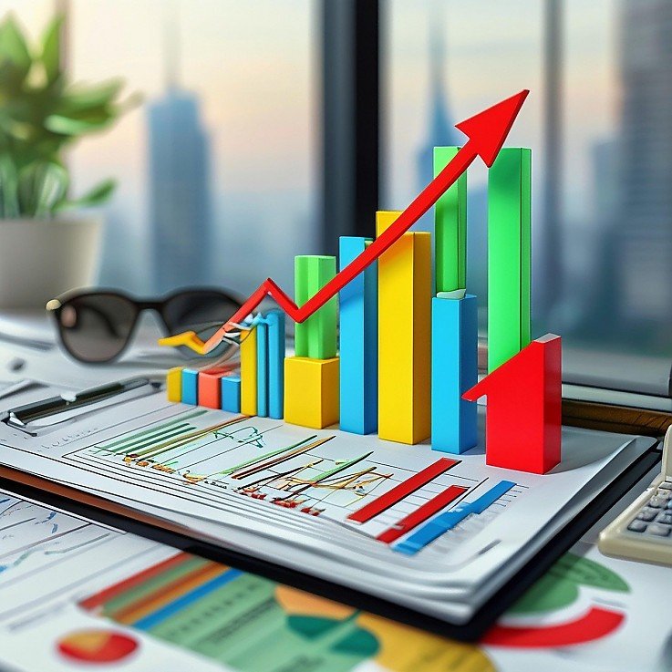 Eine 3D-Darstellung von bunten Balkendiagrammen und einem aufsteigenden roten Pfeil auf einem Schreibtisch mit Geschäftsunterlagen vor einer unscharfen Skyline Eine 3D-Darstellung von bunten Balkendiagrammen und einem aufsteigenden roten Pfeil auf einem Schreibtisch mit Geschäftsunterlagen vor einer unscharfen Skyline